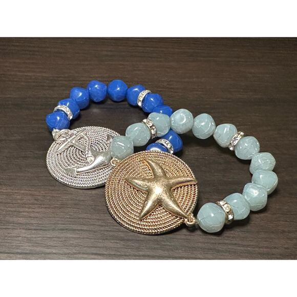 Pair of Coastal Beaded Bracelets Banded Anchor Starfish Fashion Jewelry - Picture 10 of 11